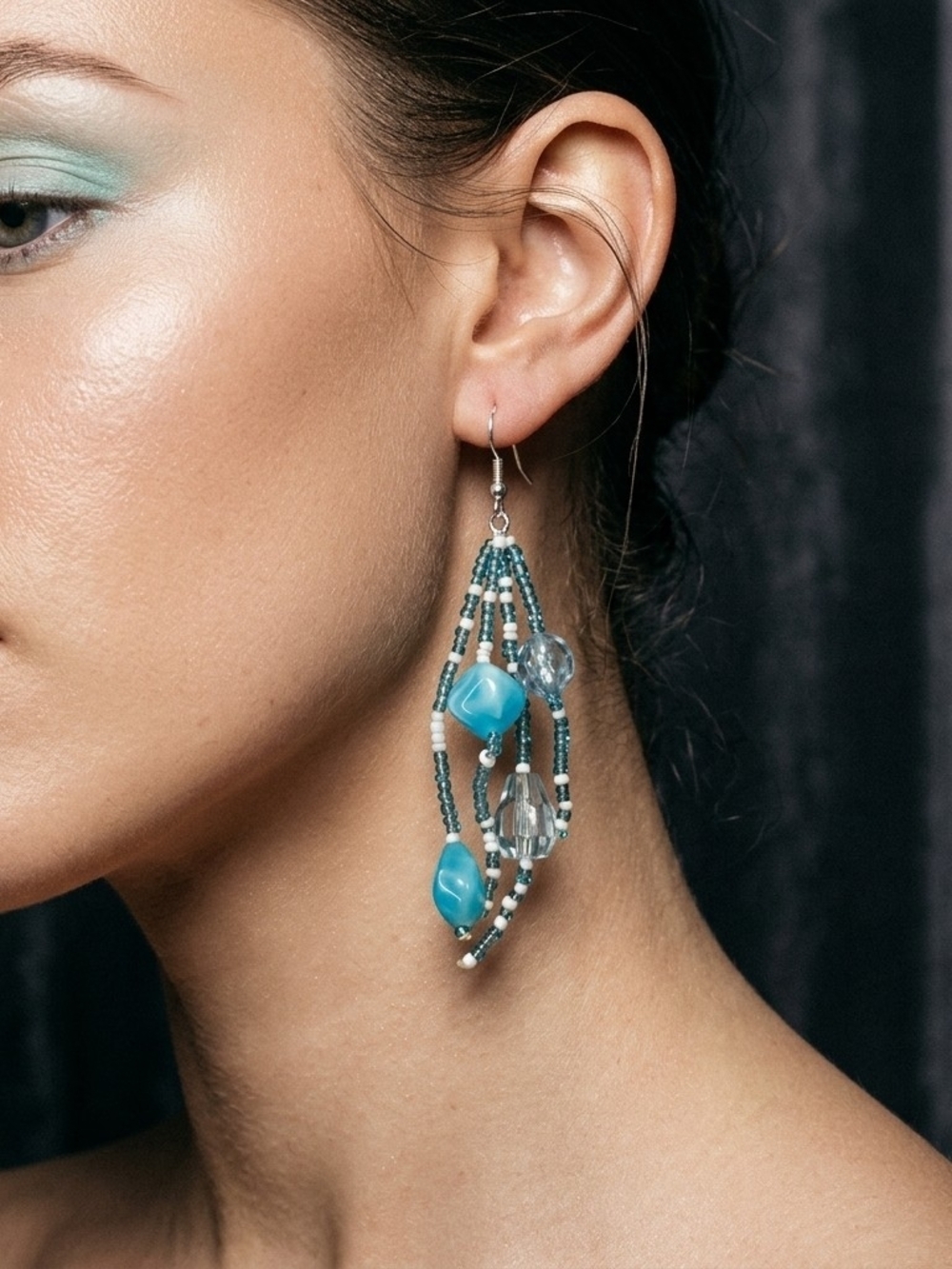 Handmade Aqua Blue Beaded Chandelier Dangle Earrings Multi Strand Acrylic
